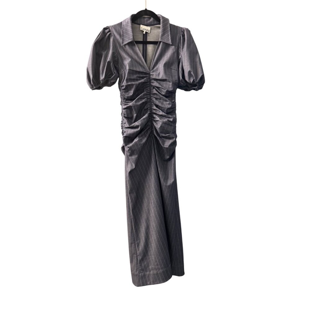 Ganni Navy Pinstripe Midi Dress With Ruched Waist & Puff Sleeves